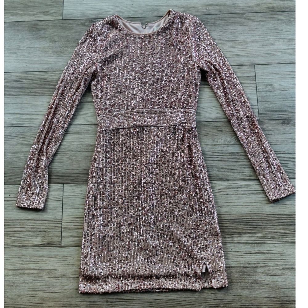 GB Rose Gold Sequin Long Sleeve Mini Dress XS Holiday Party‎ Cocktail Sparkly